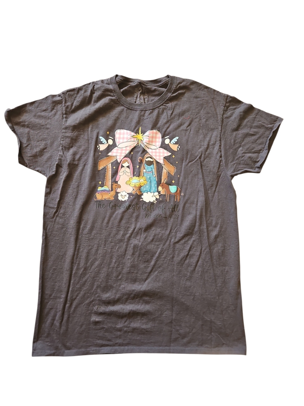 Womens Gray Graphic Nativity T-Shirt - Religious Jesus Christian Size Large